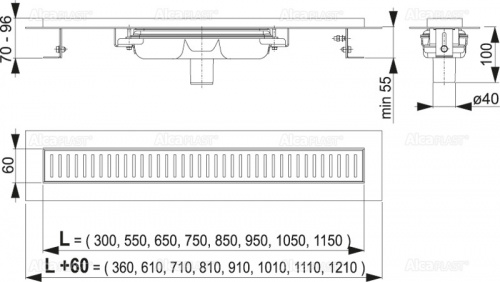 Душевой лоток Alcadrain Low с порогами для перфорированной решетки, с вертикальным стоком (APZ1101-1150) фото 2