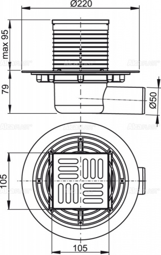 Душевой трап Alcadrain 105х105/50 с боковой подводкой, решетка латунь – хром (APV101) фото 2