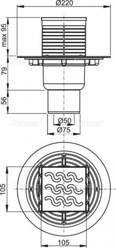 Душевой трап Alcadrain 105х105/50/75 решетка латунь-хром (APV202) фото 2