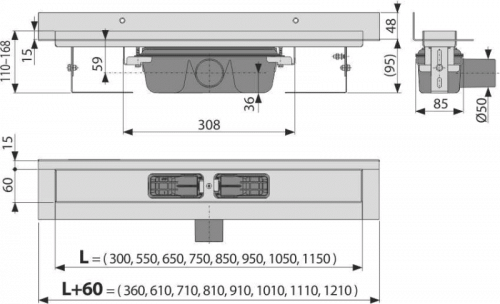 Водоотводящий желоб Alcaplast APZ16 Wall, для перфорированной решетки, с фиксированным воротником к стене, горизонтальный сток (APZ16-950) фото 2