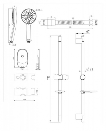 Душевой набор Bravat ECO: штанга 22х750 мм, шланг 1,5 м, лейка 3 режима диам.80 мм, мыльница, хром (D152CP-1A-RUS) фото 3