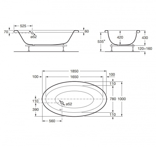 Ванна акриловая Roca GEORGIA 185х100, овальная с гидромассажем Tonic и выпускным комплектом (7.2480.6.900.1) фото 2