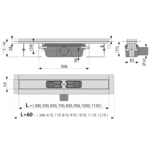 Душевой лоток Alcadrain Professional с порогами для цельной решетки, с горизонтальным сливом, сталь (APZ6S-950) фото 2