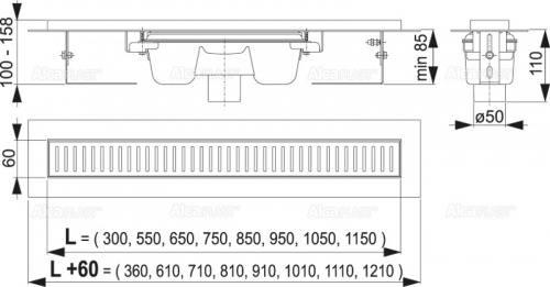 Душевой лоток Alcadrain с порогами для перфорированной решетки, вертикальный сток (APZ1001-850) фото 2