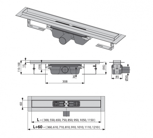 Душевой лоток Alcadrain Professional с порогами для цельной решетки, с горизонтальным сливом (сталь) (APZ6-750) фото 3